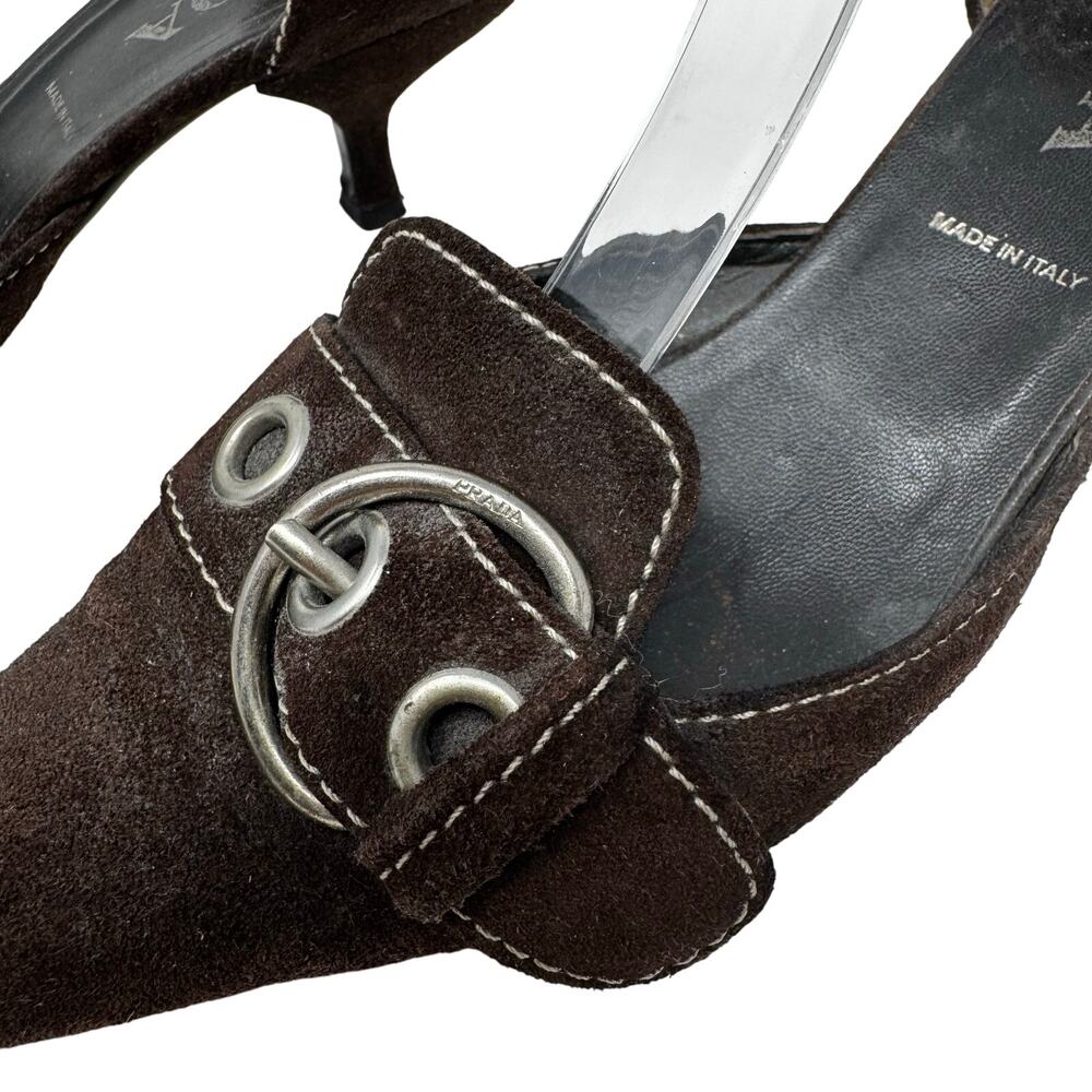 Prada Brown Suede Buckle Heels Size 39.5 Vintage Kitten Pumps Designer Shoes - Picture 5 of 10